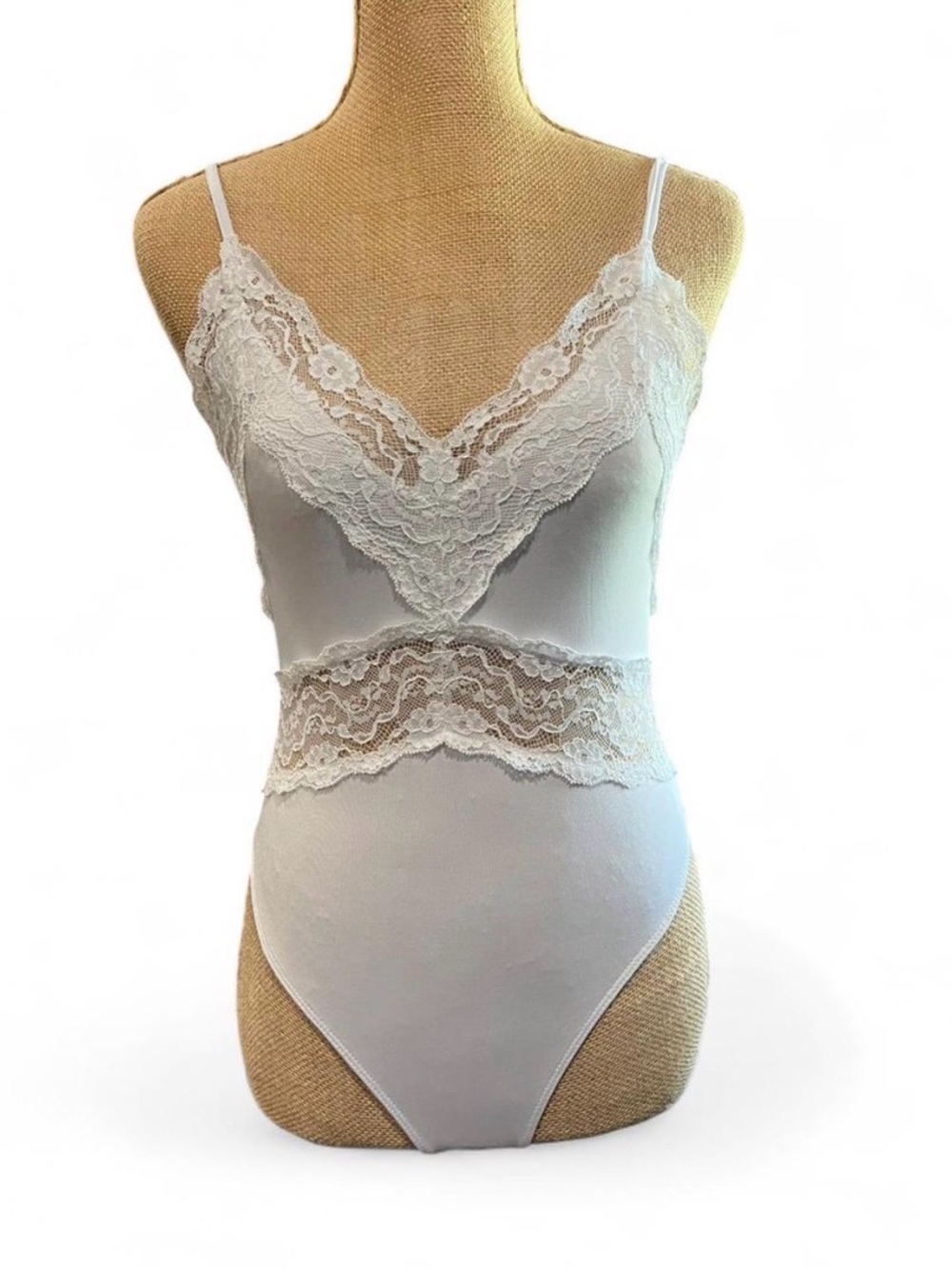 Lace Trim V-Neck Bodysuit in White